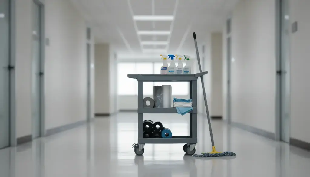 Janitorial cart with liners, spray bottles and a dust mop in an empty office corridor